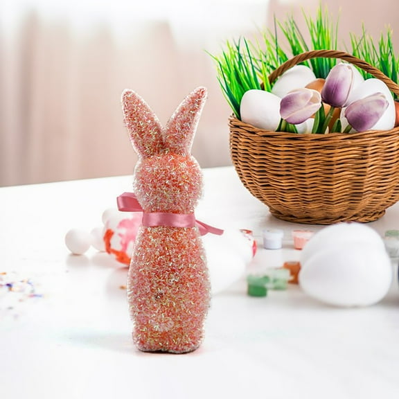 Comefolife Easter Flocked Bunnies Figurine with Bow tie 9.06" Flocking Rabbit Tabletop Ornament for Easter Centerpieces for Spring Home Office Table Decor, Party Supplies Gifts for Friends
