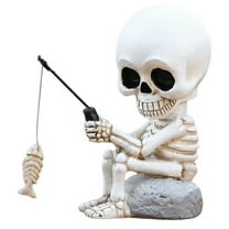 Comefolife Fishing Skeleton Statue Halloween Decorations, 3.77 Inch Cute Sitting Skull Figurine Shelf Sitter Resin Sculpture for Outdoor Garden Yard Lawn Pond Waterfalls Pool Ornaments