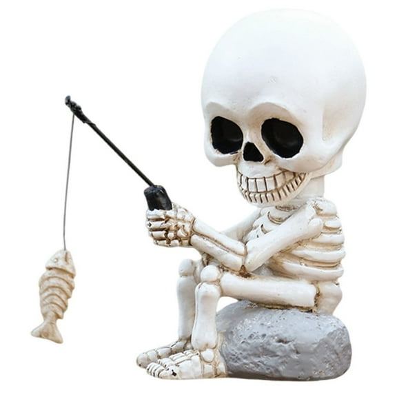 Comefolife Fishing Skeleton Statue Halloween Decorations, 3.77 Inch Cute Sitting Skull Figurine Shelf Sitter Resin Sculpture for Outdoor Garden Yard Lawn Pond Waterfalls Pool Ornaments