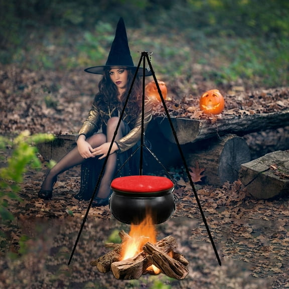 Comefolife Halloween Decorations Outdoor - Halloween Party Decorations - Large Witches Cauldron on Tripod with Lights - Black Plastic Bowl Decor - Hocus Pocus Candy Bucket Decoration, Red