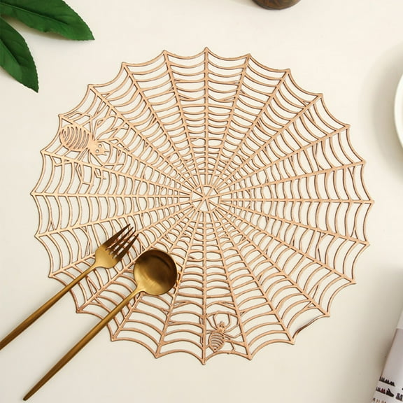 Loyerfyivos Halloween Spider Web Placemats, Halloween Spider Web Shaped Place Mats, 15inch Round Dining Table Mat for Kitchen Restaurant Horror Party Haunted House Decoration - Gold