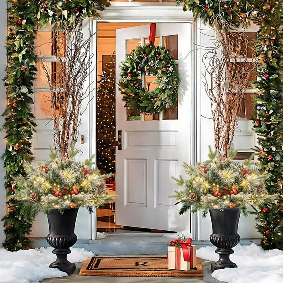 Loyerfyivos Holiday Planter Decorations, 2025 Christmas Holiday Planter Filler, Pre-lit Xmas Pine Trees with Cones, Golden & Red Berries Outdoor Lighted Christmas Decorations (A)