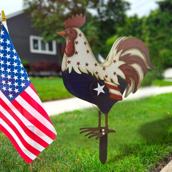 Comefolife Metal Patriotic Rooster Statue, Rustic Yard Signs Porch Decor 11.8in H Garden Rooster Sculpture for 4th of July Independence Day USA Home Decor
