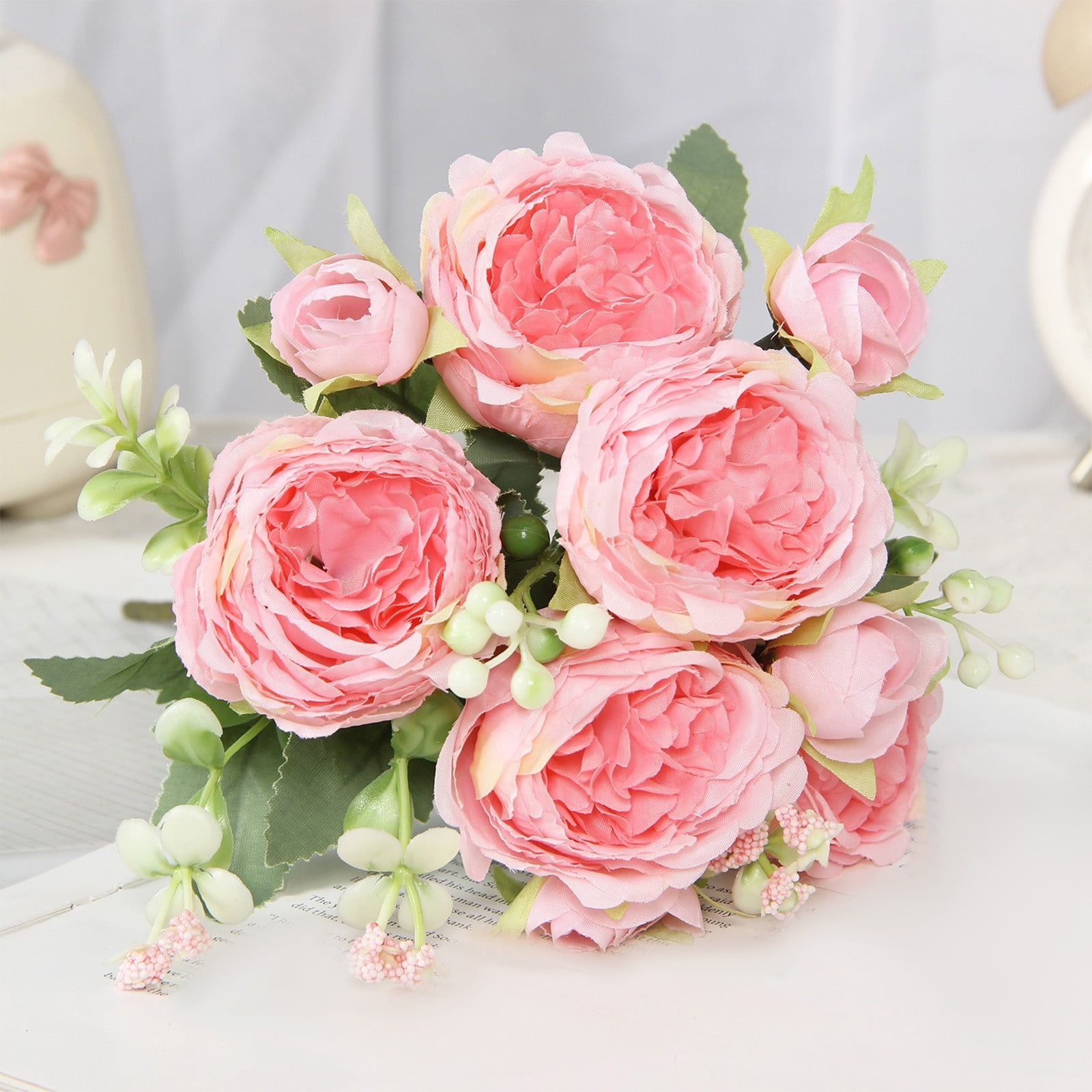 Comefolife Peonies Artificial Flowers, Silk Rose Pink Artificial ...