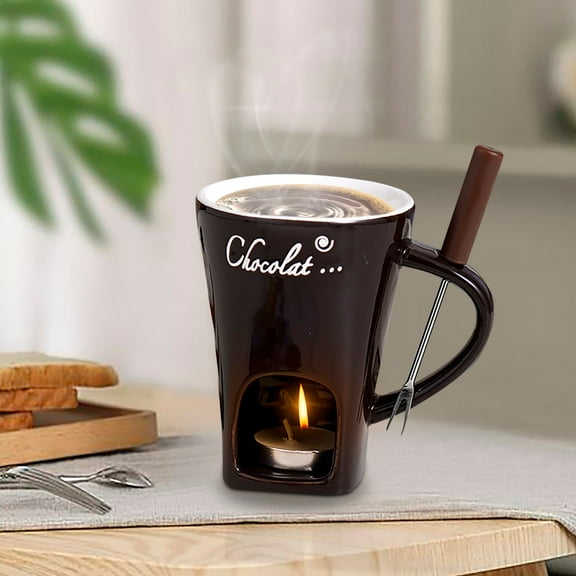 Comefolife Personal Fondue Mugs Set | Ceramic Mugs for Chocolate or Cheese | Includes Forks | Vented | Great for Date Night Birthday & Wedding Gifts (Brown)