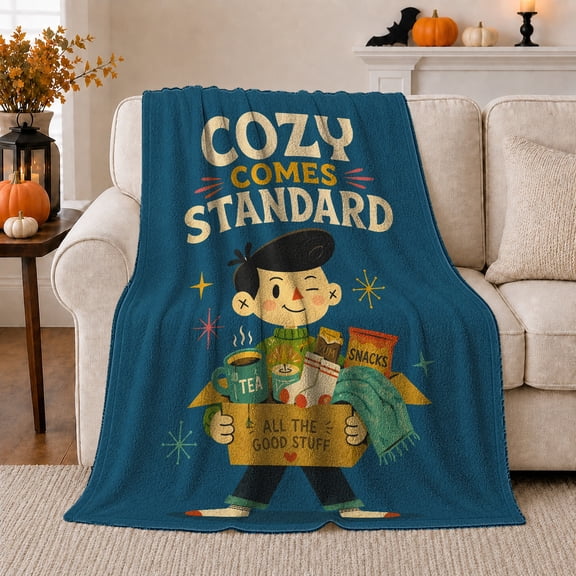 Comes Standard Whimsical Retro Cartoon Boy Illustration, Cozy Typography Art Scene, Warm Flannel Blanket for Living Room and Reading Nook, Art Lovers Housewarming Gift, Artistic Home Decor