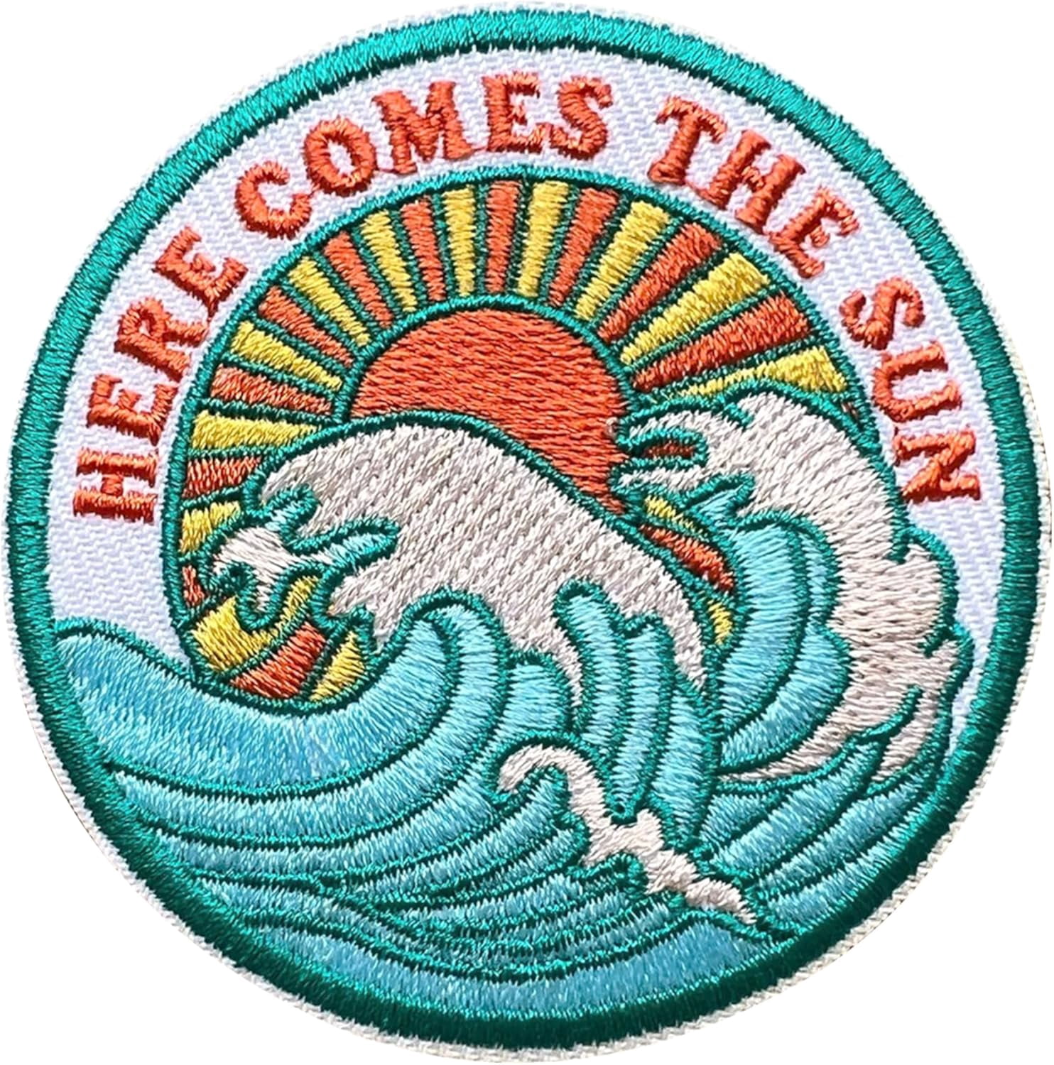 Here Comes The Sun 3 Inches Embroidery Patch, Waves Iron On/Sew On Travel Embroidered Applique Patch, Travel Patches, Fabric Patches for Clothes Backpacks Hats, Summer DIY Accessories Gifts