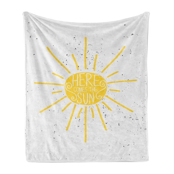 Here Comes the Sun Soft Flannel Fleece Blanket, Typography in a Hand Drawn Sun on a Grunge Background Swirling, Cozy Plush for Indoor and Outdoor Use, 50" x 70", Pearl Mustard White, by Ambesonne