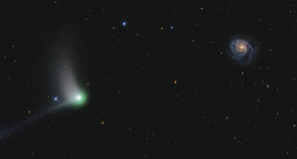 Comet Catalina and Messier 101 Pinwheel Galaxy Canvas Art - Lorand FenyesStocktrek Images (19 x 11)