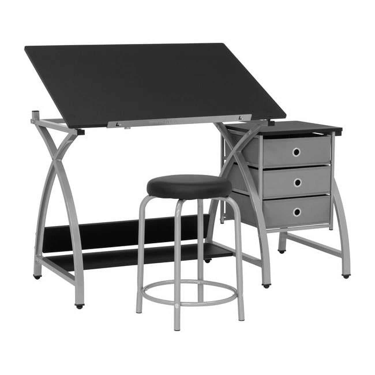 Comet Art & Craft Workstation with Storage and Padded Stool, Silver & Black