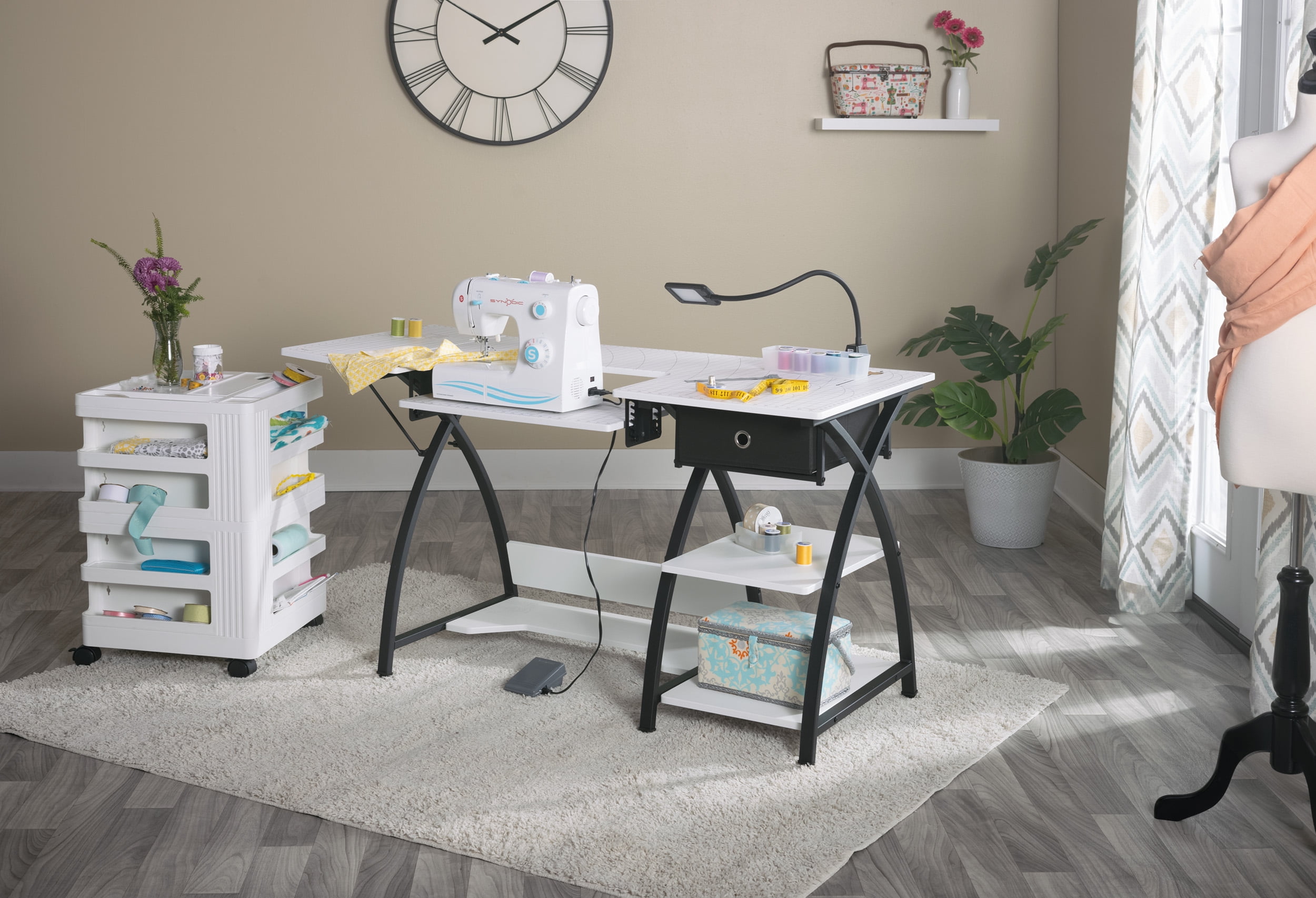Comet Hobby/Office/Sewing Desk with Fold-Down Top, Height Adjustable  Platform, Storage and Grid Top for Cutting 