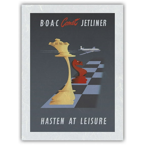 Comet Jetliner - Hasten at Leisure - BOAC (British Overseas Airways Corporation) - Vintage Airline Travel Poster by Kenneth Bromfield c.1952 - Japanese Unryu Rice Paper Art Print (Unframed) 12 x 16 in