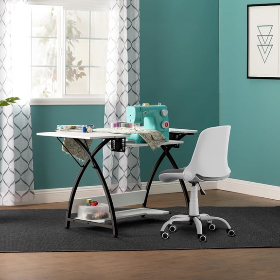 Comet Plus Foldable Sewing Table with Adjustable Shelf and Storage for Crafts and Computer Desk