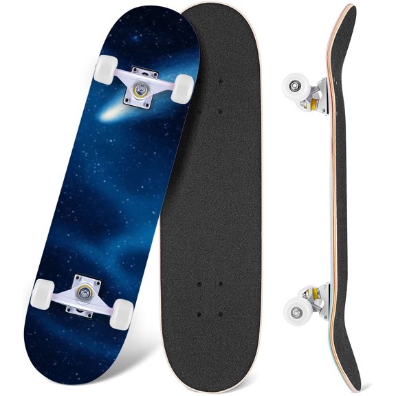 Comet Streaking Across Starry Night Sky Deep Blue Cosmic 31" x 8" Complete Skateboard, 7-Ply Canadian Maple Double Kick Trick Board for Kids and Beginners Adult Gifts