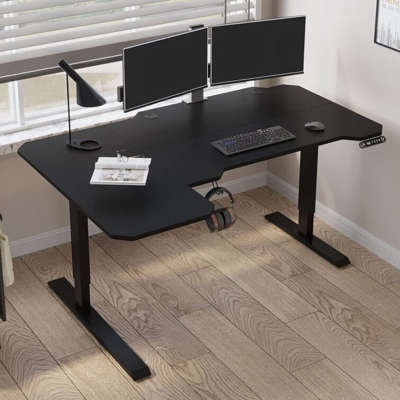 CometMin 59-Inch Large Electric Height Adjustable Computer L-Shaped Desk with Memory Controller Corner Standing Desk Modern Workstation with Splice Board Game Ergonomic Desk (Black Frame + Black Top)