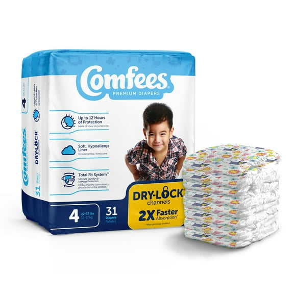 Comfees Baby Baby Diaper Size 4, 12 hour protection 22 to 37 lbs., 31 Count, 4 Packs, 124 Total