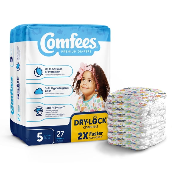 Comfees Baby Baby Diaper Size 5, 12 hour protection for 27 lbs. and over, 27 Count, 4 Packs, 108 Total