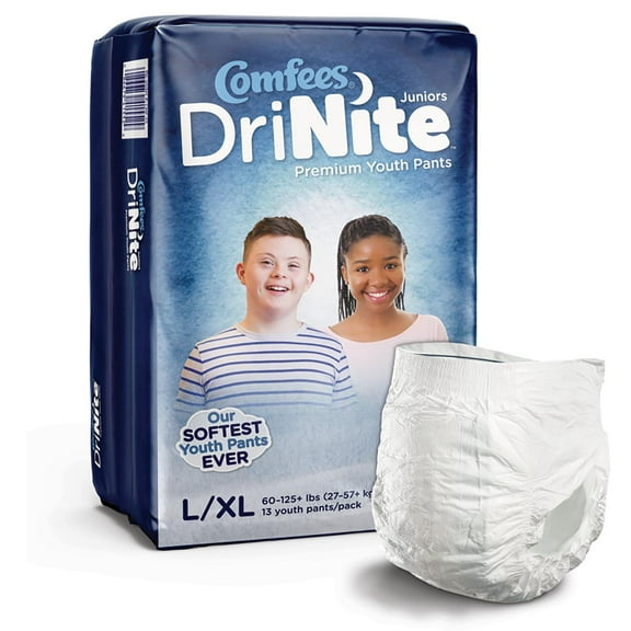Comfees DriNite Juniors Youth Absorbent Underwear Large / X-Large 60 to 125 lbs, 52 Ct, 13 Count, 4 Packs, 52 Total