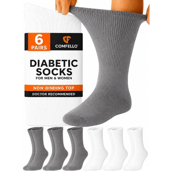 Comfello Diabetic Socks Crew for Men & Women – 6 Pairs of Non-Binding Moisture-Wicking Neuropathy Socks