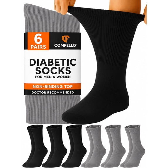 Comfello Diabetic Socks Crew for Men & Women – 6 Pairs of Non-Binding Moisture-Wicking Neuropathy Socks