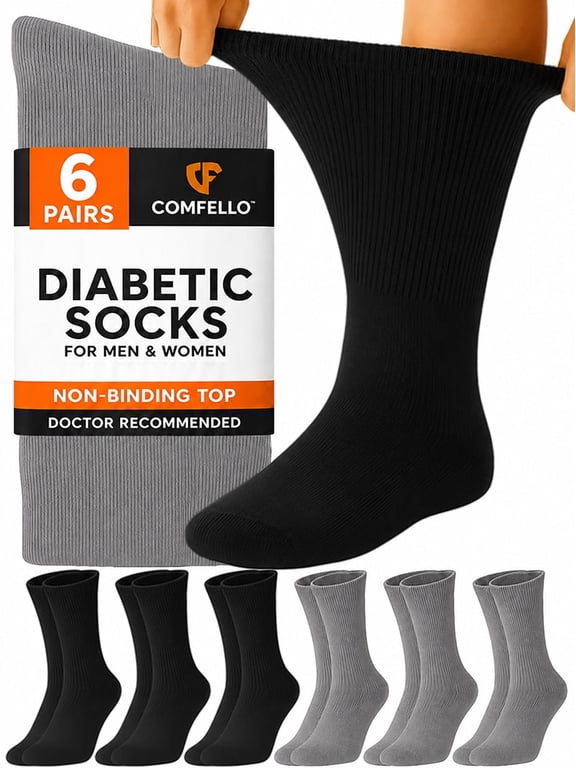 Diabetic Socks Crew for Men & Women – 6 Pairs of Non-Binding Moisture-Wicking Neuropathy Socks