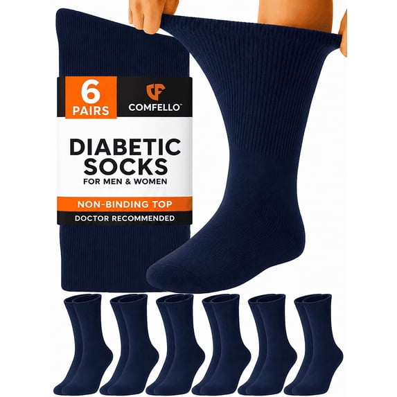 Comfello Diabetic Socks Crew for Men & Women – 6 Pairs of Non-Binding Moisture-Wicking Neuropathy Socks