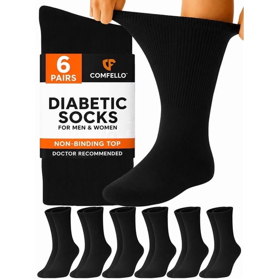 Comfello Diabetic Socks Crew for Men & Women – 6 Pairs of Non-Binding Moisture-Wicking Neuropathy Socks