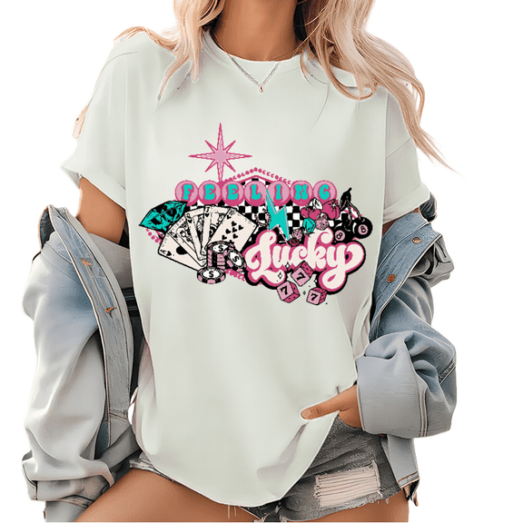 Comfertable and Cotton Feeling Lucky Print Tee T-Shirt Top Regular Fit Short Sleeve Round Neck White S-5XL