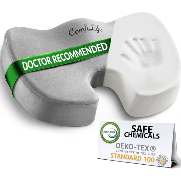 ComfiLife Premium Comfort Seat Cushion - Non-Slip Orthopedic 100% Memory Foam Coccyx Cushion for Tailbone Pain - Cushion for Office Chair Car Seat - Back Pain & Sciatica Relief (Gray)