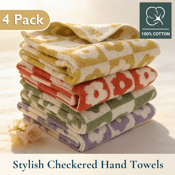 ComfiTime 100% Cotton Checkered Hand Towels - Soft Checkerboard Bathroom Face Towels, Absorbent & Quick-Drying Guest Towels for Bathroom, Kitchen, Gym, Dorm & Travel, 13x29 in
