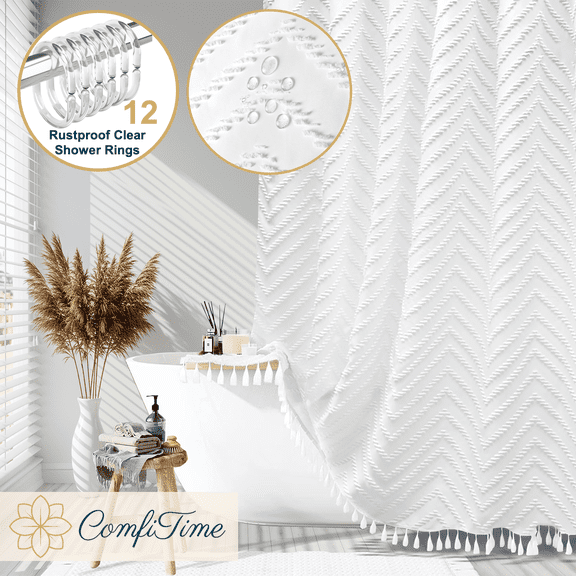 ComfiTime 13-Pc Tassel Shower Curtain with Hooks – Elegant Tufted Chevron Pattern, Soft Fabric Cloth, Boho Farmhouse Bathroom Curtain, Water-Repellent, Machine-Washable, 72 x 72, White