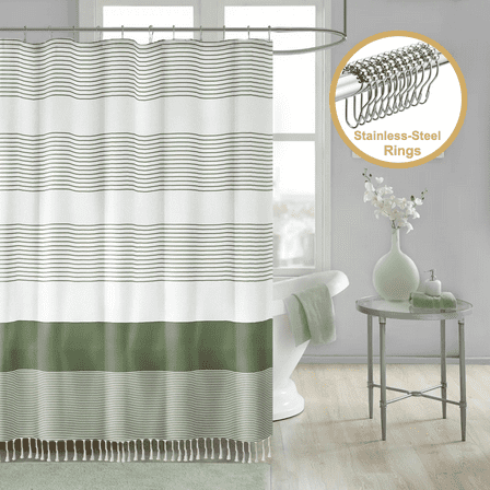ComfiTime 13-Piece Tassel Shower Curtain Set with Hooks – Heavy-Duty Fabric Cloth, Boho Farmhouse Bathroom Curtain, Striped Hotel Luxury Linen, Water-Repellent, Machine-Washable, 72” x 72”, Green