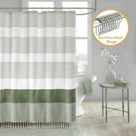 ComfiTime 13-Piece Tassel Shower Curtain Set with Hooks – Heavy-Duty Fabric Cloth, Boho Farmhouse Bathroom Curtain, Striped Hotel Luxury Linen, Water-Repellent, Machine-Washable, 72” x 72”, Green