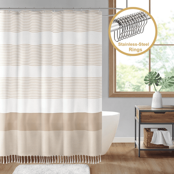 ComfiTime 13-Piece Tassel Shower Curtain Set with Hooks – Heavy-Duty Fabric Cloth, Boho Farmhouse Bathroom Curtain, Striped Hotel Luxury Linen, Water-Repellent, Machine-Washable, 72” x 72”, Beige