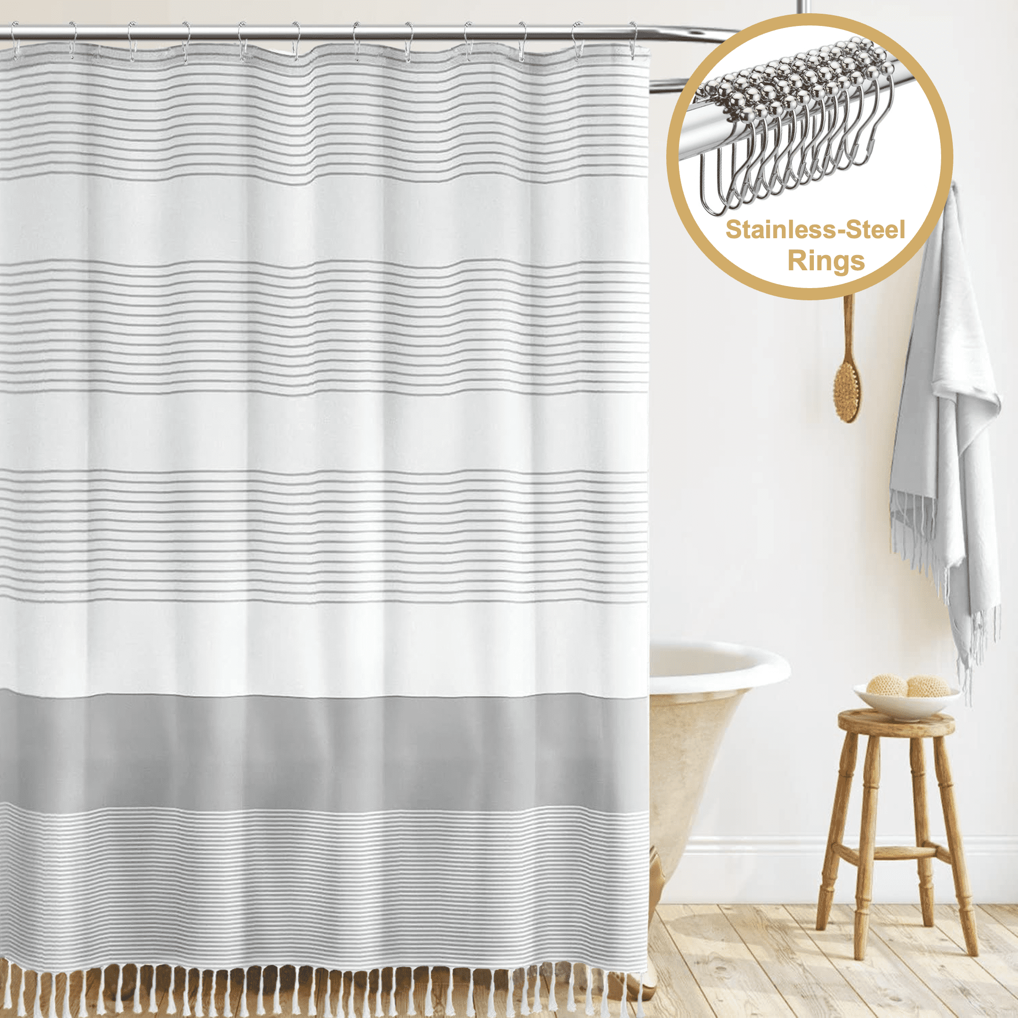 ComfiTime 13-Piece Tassel Shower Curtain Set with Hooks – Heavy-Duty Fabric Cloth, Boho Farmhouse Bathroom Curtain, Striped Hotel Luxury Linen, Water-Repellent, Machine-Washable, 72” x 72”, Gray - Walmart.com