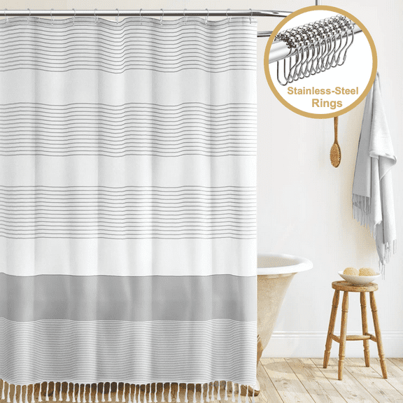 ComfiTime 13-Piece Tassel Shower Curtain Set with Hooks – Heavy-Duty Fabric Cloth, Boho Farmhouse Bathroom Curtain, Striped Hotel Luxury Linen, Water-Repellent, Machine-Washable, 72” x 72”, Gray