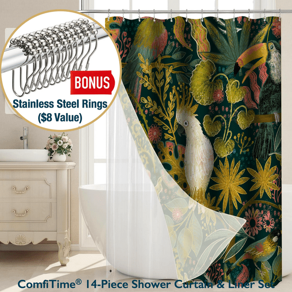 ComfiTime 14-Piece Boho Botanical Shower Curtain and Liner Set with 12 Hooks – Water-Repellent, Mold-Resistant, Heavy-Duty Fabric, Weighted Hem, Fade-Resistant, Machine-Washable, 72"x72"