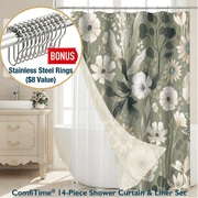 ComfiTime 14-Piece Boho Botanical Shower Curtain and Liner Set with 12 Hooks – Water-Repellent, Mold-Resistant, Heavy-Duty Fabric, Weighted Hem, Fade-Resistant,
