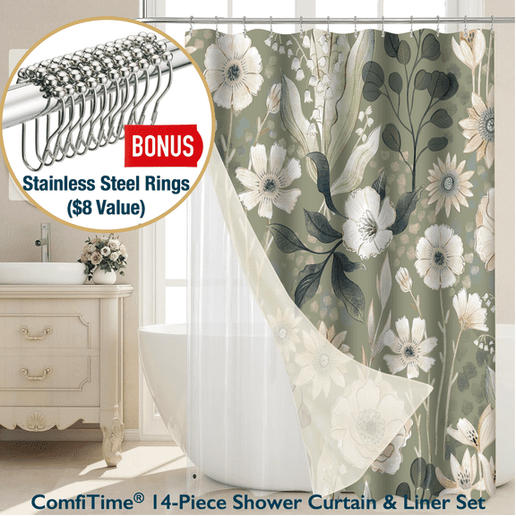 ComfiTime 14-Piece Boho Botanical Shower Curtain and Liner Set with 12 Hooks – Water-Repellent, Mold-Resistant, Heavy-Duty Fabric, Weighted Hem, Fade-Resistant, Machine-Washable, 72"x72"