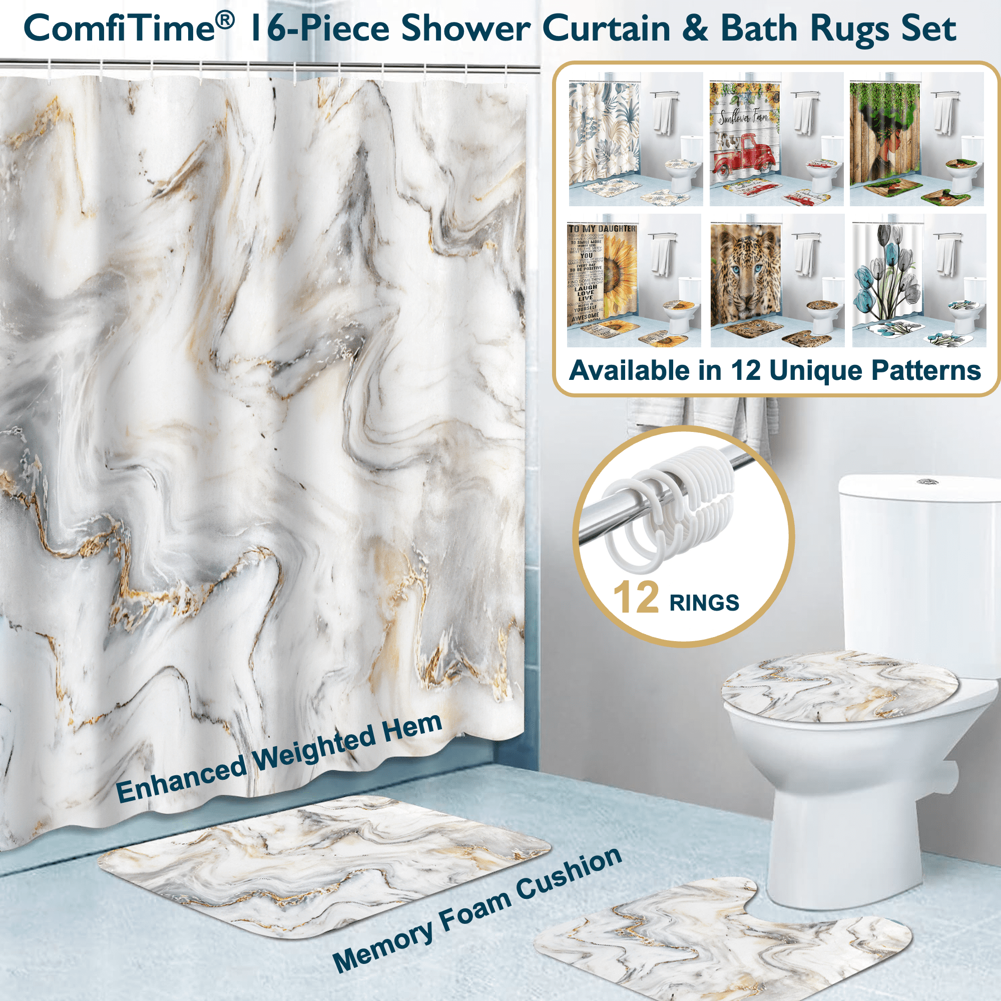 ComfiTime 16PCS Bathroom Sets with Shower Curtain, Rugs and Hooks - Memory Foam Anti-Slip ...
