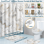 ComfiTime 16PCS Bathroom Sets with Shower Curtain, Rugs and Hooks - Memory Foam Anti-Slip Washable Bath Mats & Toilet Lid Cover, Fabric Shower Curtain w/ Weighted Hem, Boho, Farmhouse & Modern Styles