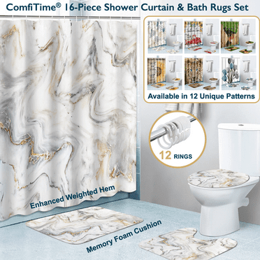 ComfiTime 16PCS Bathroom Sets with Shower Curtain, Rugs and Hooks - Memory Foam Anti-Slip Washable Bath Mats & Toilet Lid Cover, Fabric Shower Curtain w/ Weighted Hem, Boho, Farmhouse & Modern Styles