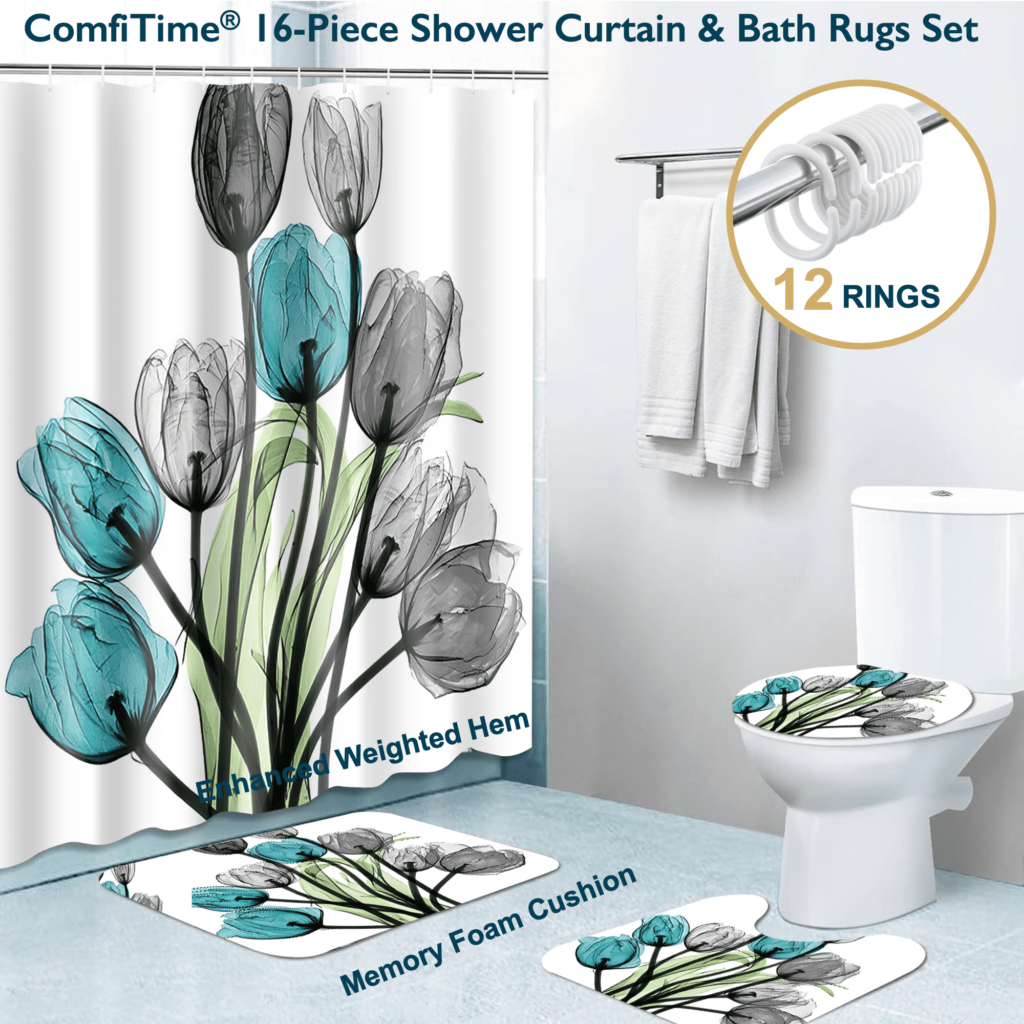ComfiTime 16PCS Bathroom Sets with Shower Curtain, Rugs and Hooks - Memory Foam Anti-Slip ...