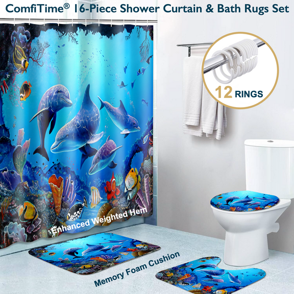 ComfiTime 16PCS Bathroom Sets with Shower Curtain, Rugs and Hooks - Memory Foam Anti-Slip Washable Bath Mats & Toilet Lid Cover, Fabric Shower Curtain w/ Weighted Hem, Boho, Farmhouse & Modern Styles