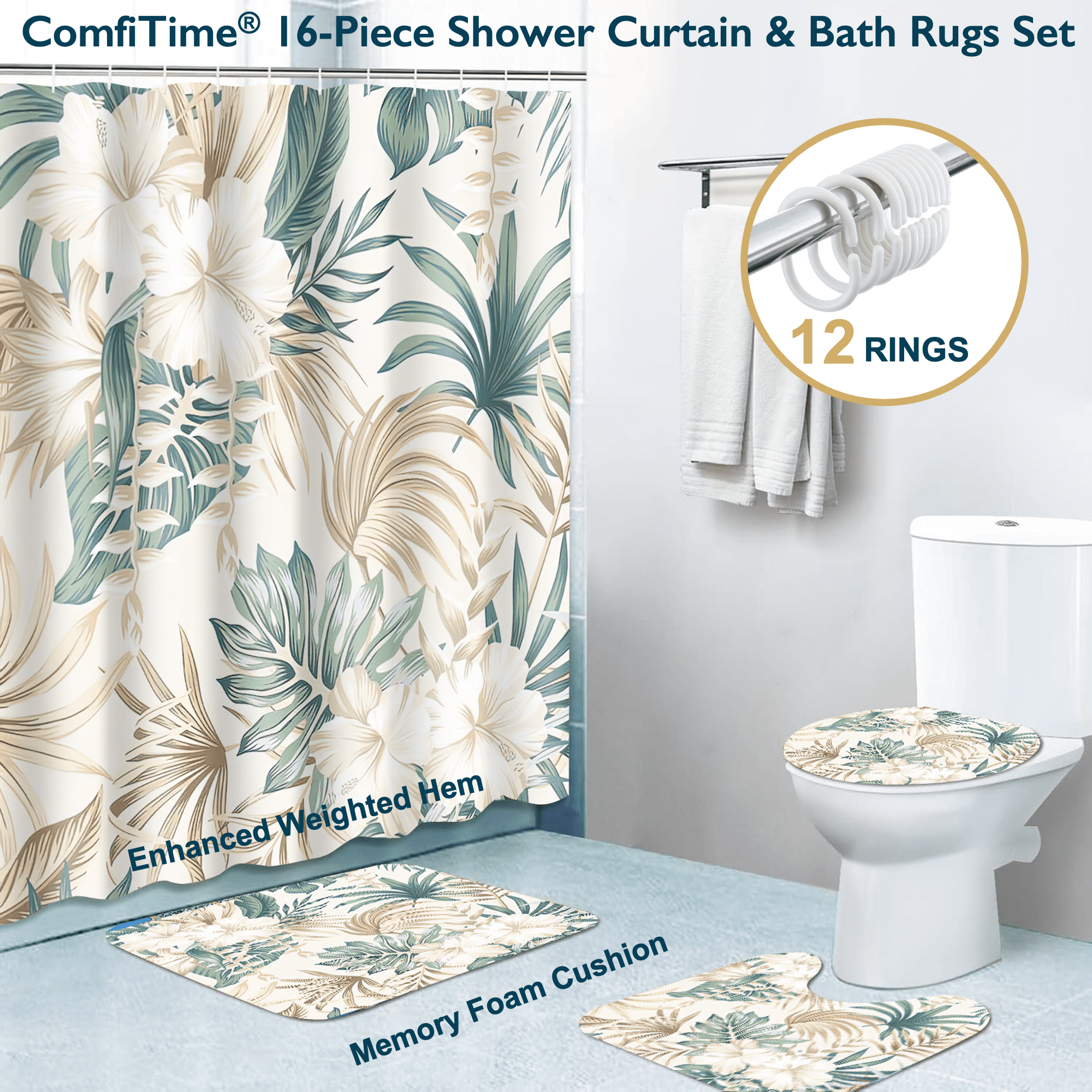 ComfiTime 16PCS Bathroom Sets with Shower Curtain, Rugs and Hooks ...