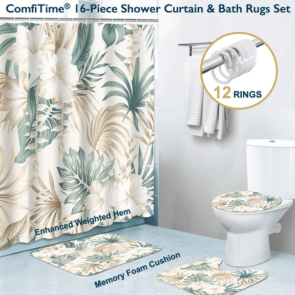 ComfiTime 16PCS Bathroom Sets with Shower Curtain, Rugs and Hooks - Memory Foam Anti-Slip Washable Bath Mats & Toilet Lid Cover, Fabric Shower Curtain w/ Weighted Hem, Boho, Farmhouse & Modern Styles