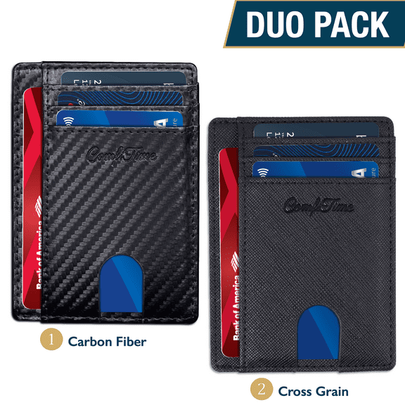 ComfiTime 2-Pack Minimalist Wallet for Men & Women - RFID Slim Mens Wallet, Genuine Leather Card Holder Front Pocket Wallet, Small Thin Travel Wallet w/ ID Window, Credit Card Money Holder & Gift Box