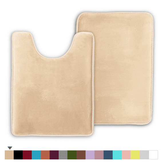 ComfiTime 2 Piece Bathroom Rugs Set – Thick Memory Foam, Non-Slip Bath Mat, Soft Plush Velvet Top, Ultra Absorbent, Small, Large & Long Rugs for Bathroom Floor, Beige, 17*24 & Contour Rug