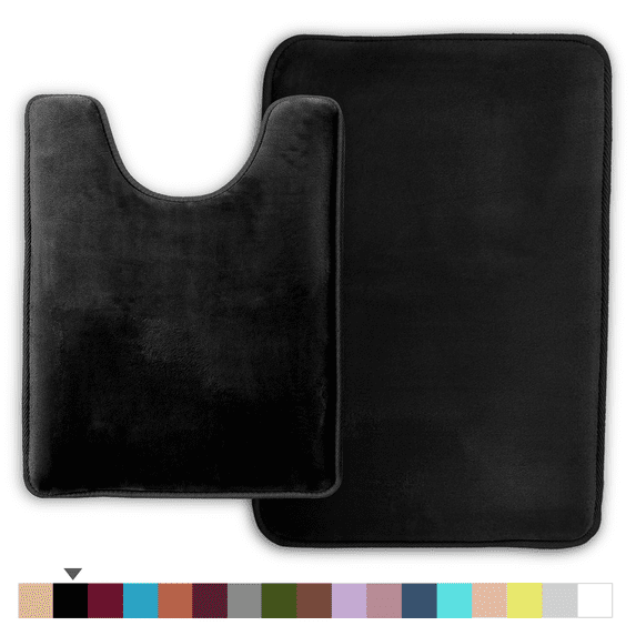 ComfiTime 2 Piece Bathroom Rugs Set – Thick Memory Foam, Non-Slip Bath Mat, Soft Plush Velvet Top, Ultra Absorbent, Small, Large & Long Rugs for Bathroom Floor, Black, 20*32 & Contour Rug