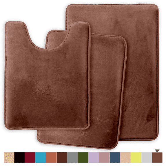 ComfiTime 2 Piece Bathroom Rugs Set – Thick Memory Foam, Non-Slip Bath Mat, Soft Plush Velvet Top, Ultra Absorbent, Small, Large & Long Rugs for Bathroom Floor, Brown, 17*24 & 20*32 & U